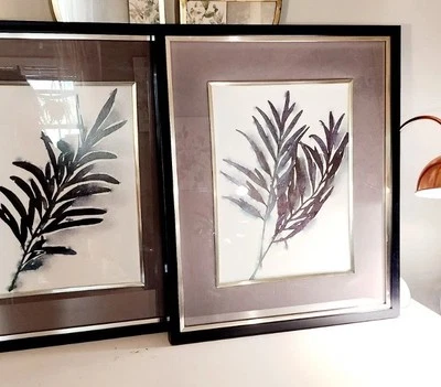 Uttermost Retired 2 Eucalyptus Leaves Prints In Black Frame Matted  Grey Fabric - Image 1 of 4