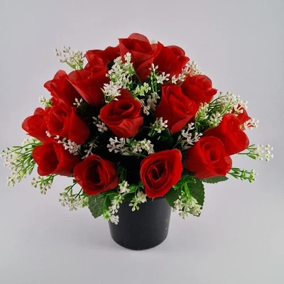 Artificial Silk Flower Arrangement 24 Head Rose Bud & Gyp Red Grave Memorial - Image 1 of 3