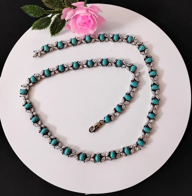 Stunning 925 Sterling Silver 18" Turquoise and CZ Link Necklace Signed - Image 1 of 4