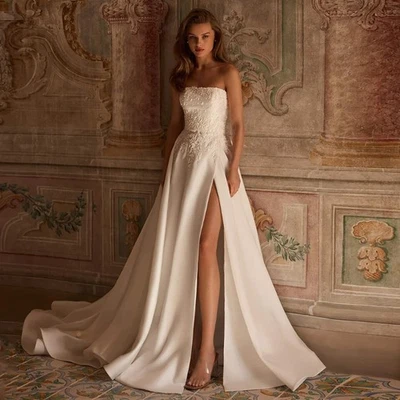 High Split Wedding Dresses Strapless Beading Applique Sweep Train Bride Gowns  - Image 1 of 4