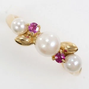 18K Yellow gold ring 8 size Pearl (Pearl ) 3mm-4.5mm Ruby Free shipping Used - Picture 1 of 6
