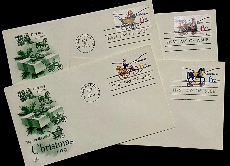 StampTLC US 1418c Precancel Christmas Art Train Horse Doll Carriage Toy FDC 1970 - Image 1 of 1
