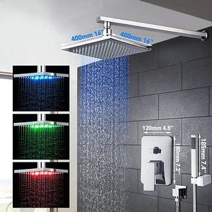 Juego de grifos mezcladores de ducha de mano con cabezal de ducha de lluvia LED para baño de 16"" - Imagen 1 de 8