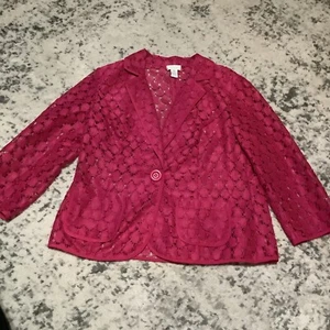 Chicos Blazer Womens 0 Small  Pink Eyelet Lace Button Up Notch Lapel 3/4 Sleeve - Picture 1 of 7
