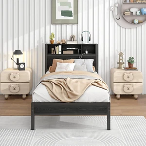Bed Frame with Bookcase Headboard Twin Size Black Metal Platform Bed,Bed with He - Picture 1 of 9