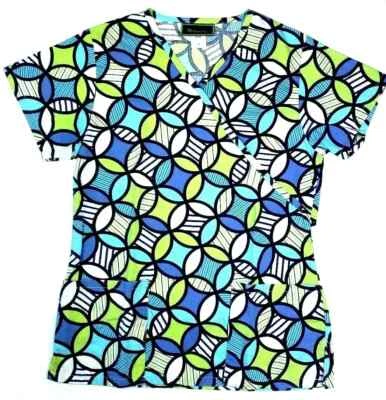 Bonita Scrub Top Womens S Uniform Nurse CNA RN Vet Circle Diamond Colorful Blue - Image 1 of 3