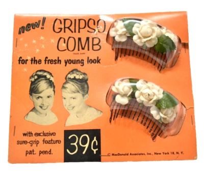 GRIPCO COMB Pair Metal Hair Combs w/White Cloth Flower Design NOS Vintage Japan - Image 1 of 4