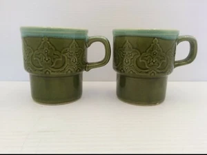 VTG STACKABLE COFFEE CUP/MUGS, AVACADO GREEN, D HANDLE, MADE IN JAPAN (LOT OF 2) - Picture 1 of 5