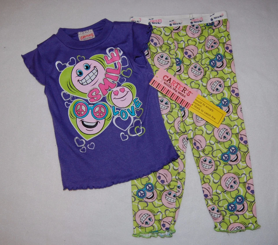 Toddler Girls Pajama Set CARTERS 24 Mo Purple SMILE Green Pants PEACE Love S/S - Image 1 of 1