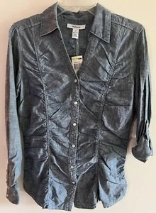 Camicia donna Style & Co taglia 4 blu denim cotten snap davanti manica arrotolata scollo a V - Foto 1 di 6
