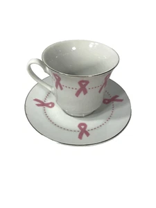 darice pink ribbon tea cup and saucer  - Picture 1 of 10