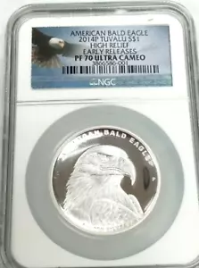 2014 Tuvalu High Relief Silver Bald Eagle Proof NGC PF 70 Ultra Cameo AA437 - Picture 1 of 2