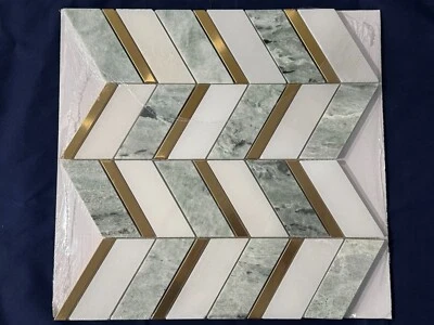 S61 White/Green/Gold Marble Stone Mosaic Tile Kitchen Bathroom Polished - Image 1 of 4