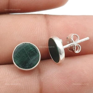 Elegantes aretes redondos de piedra de malaquita joyería de plata de ley 925 - Imagen 1 de 9