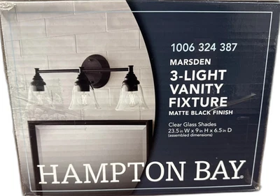 Hampton Bay Marsden 23,5 pulgadas Tocador negro mate de 3 luces con pantallas de vidrio transparente Foto 1 de 4