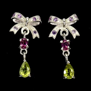 925 Sterling Silver Earrings Pear Peridot Amethyst Garnet Bow Gemstone Jewelry - Picture 1 of 14