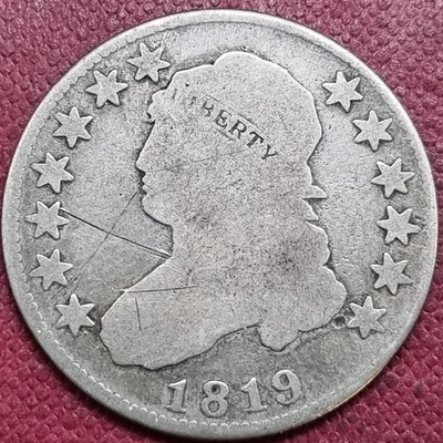 Moneda de plata temprana de 25 centavos busto tapado 1819 circulada #93023 Foto 1 de 2