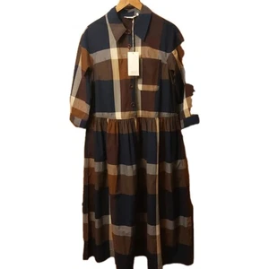 Toast Shirt Dress Women Size Small Blue Tawny Brown Gathered Check Pockets - Picture 1 of 11