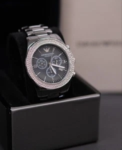 EMPORIO ARMANI WOMANS WATCH BLACK BRACELET & BLACK CRYSTAL DIAL AR1455 GENUINE - Picture 1 of 15