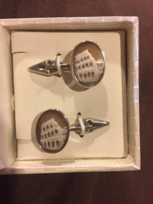 Sterling Silver Carved Shell Colosseum Cameo Cufflinks Cuff Link Shirt Studs New - Imagem 1 de 3