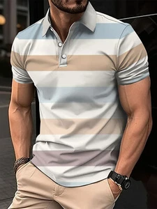 Men's Short Clothes Sleeved Lapel 3D Digital Printed Striped Polo Shirt Summer - Picture 1 of 118