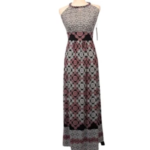 MAGGY LONDON Sz 0 Comet Halter Maxi Dress Sleeveless Geometric Black Pink Slinky - Picture 1 of 11
