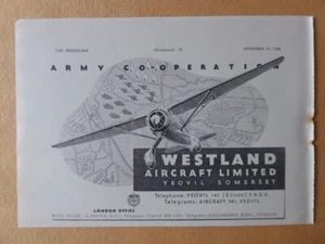 11/1936 PUB WESTLAND AIRCRAFT YEOVIL LYSANDER ORIGINAL ANZEIGE - Bild 1 von 2