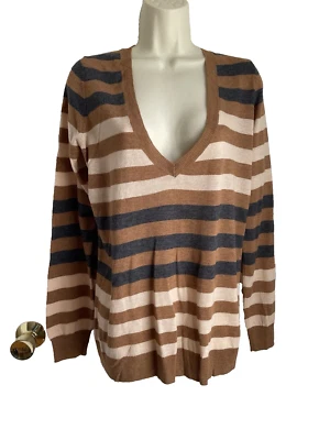 Suéter Top The Limited L Nuevo con Etiquetas Cuello en V Mangas Largas Rayas Marrón Gris $54 Lana Bl Foto 1 de 4