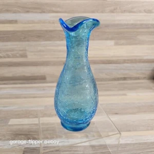 Jarrón de vidrio craquelado azul con tapa con volantes vidrio Blenko 6 pulgadas por 2 pulgadas - Imagen 1 de 10