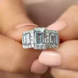 3.50Ct Emerald Cut Lab-Created Aquamarine Wedding Ring In 14k Yellow Gold Plated - Picture 1 of 7