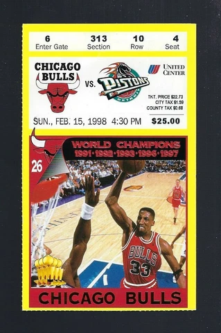 1998 NBA PISTONS @ CHICAGO BULLS TICKET STUB - MICHAEL JORDAN 21points - Feb 15 Cover
