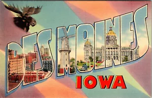 SALUTI DA DES MOINES, IOWA - LETTERA GRANDE - CARTOLINA DI LINO VINTAGE - Foto 1 di 2
