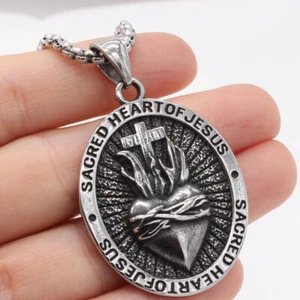 New Mens Stainless Steel Sacred Heart of Jesus Pendant Necklace - Picture 1 of 5