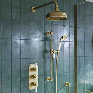 Brushed Brass Dual Outlet Wall Mounted Thermostatic Mixer Shower S CAMBBHASRK3VE - Picture 1 of 8