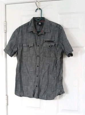 Rock and Republic Button Up Short Sleeve Shirt Gray Men's Large Zipper Accent - Image 1 of 4