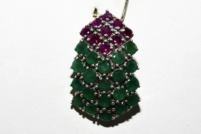 $600 .925 Sterling Silver 2.85CT Natural Emerald & Ruby Cluster Slide Pendant - Image 1 of 4