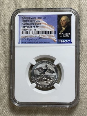 2018-S 25c SILVER NGC PF70 REVERSE PROOF CUMBERLAND ISLAND QUARTER WASHINGTON - Image 1 of 4