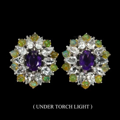 Pendientes de plata de ley 925 ovalados amatista aguamarina ópalo de fuego piedras preciosas joyería Foto 1 de 4