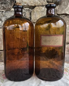 Antique Cork Top 14" Brown Glass Apothecary Pharmacy Bottles c.1915-29 Illinois - Picture 1 of 10