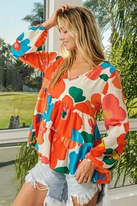 BiBi Floral Woven Tiered V Neck Top - Picture 1 of 24