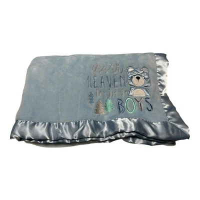 Baby Essentials Blue Baby Blanket Thank Heaven For Little Boys Satin Trim Bear - Image 1 of 4