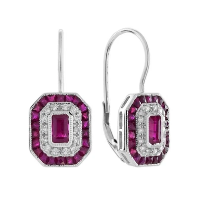 14K White Gold Ruby and Diamond Art Deco Style Lever Back Earrings - Image 1 of 4