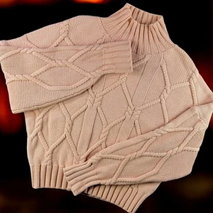 J.Crew Collection Cable Knit Sweater Women L Pink Mock Neck Cozy Fisherman - Picture 1 of 8