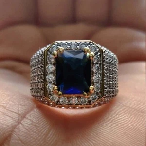 Men's 3 Ct Emerald Cut Lab Created Sapphire Wedding Ring 14K Yellow Gold Plated - Picture 1 of 6