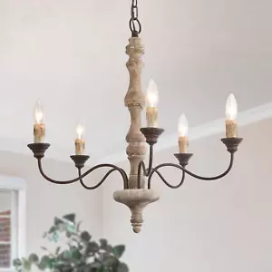 Farmhouse Chandelier, 5-Light French Country Chandelier, Rustic Distressed Wood - Picture 1 of 7