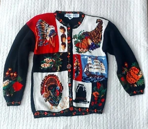 Vintage The Eagles Eye cardigan sweater Thanksgiving Fall Hand Knit 1993 Size M - Picture 1 of 9