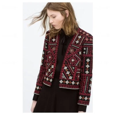 ZARA Mujer Étnica Boho Chaqueta Bordada Algodón Rojo Negro Cuentas Plata Talla S Foto 1 de 4