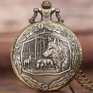 Orologio da taschino retrò lupo animale bambino uomo quarzo ciondolo catena regalo di Natale - Foto 1 di 6
