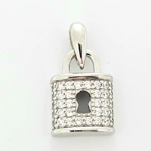925 Solid Sterling Silver Tiny Lock, Lots Of Sparkle! Charm .6 X .35", Prong Set - Picture 1 of 6