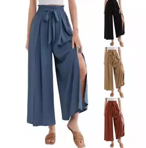 Women's Elastic Waist Summer Breathable Straight Leg Slit Leg Pants New Trousers - Picture 1 of 20